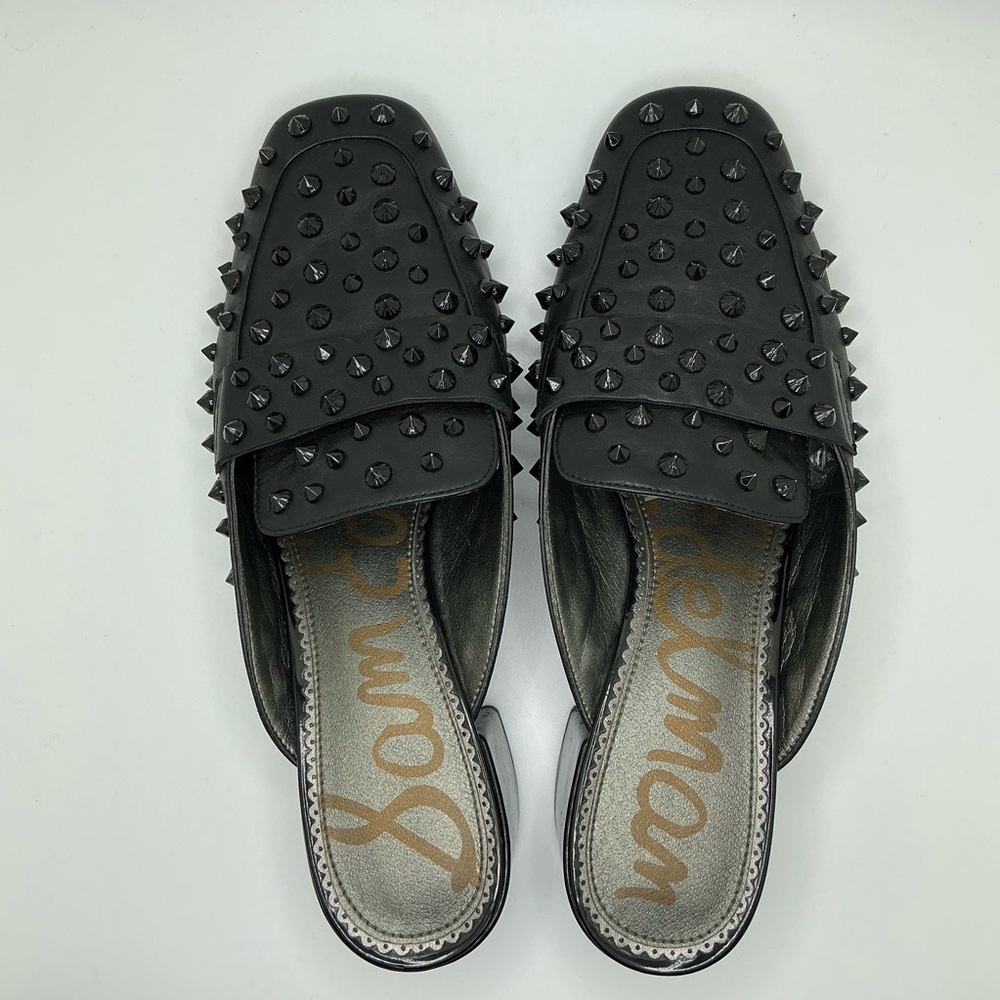 Sam Edelman Augustus Black Leather Studded Block-Heel Slip On Mule | Goth | 8.5
